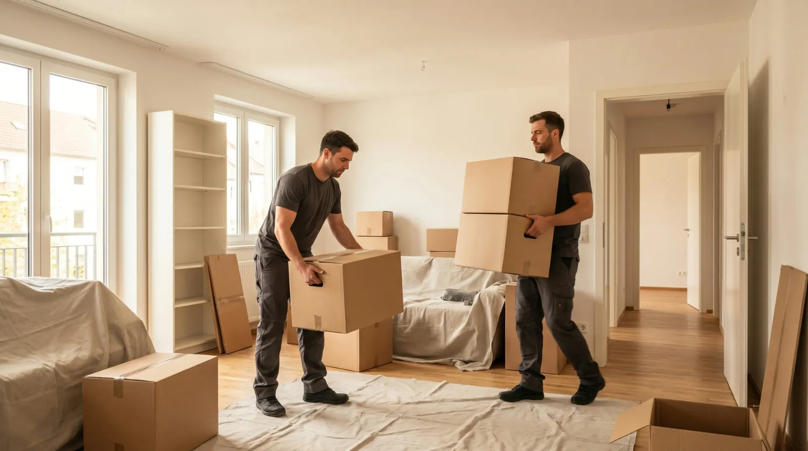 Mitarbeiter tragen Kartons aus einer leergeräumten Wohnung