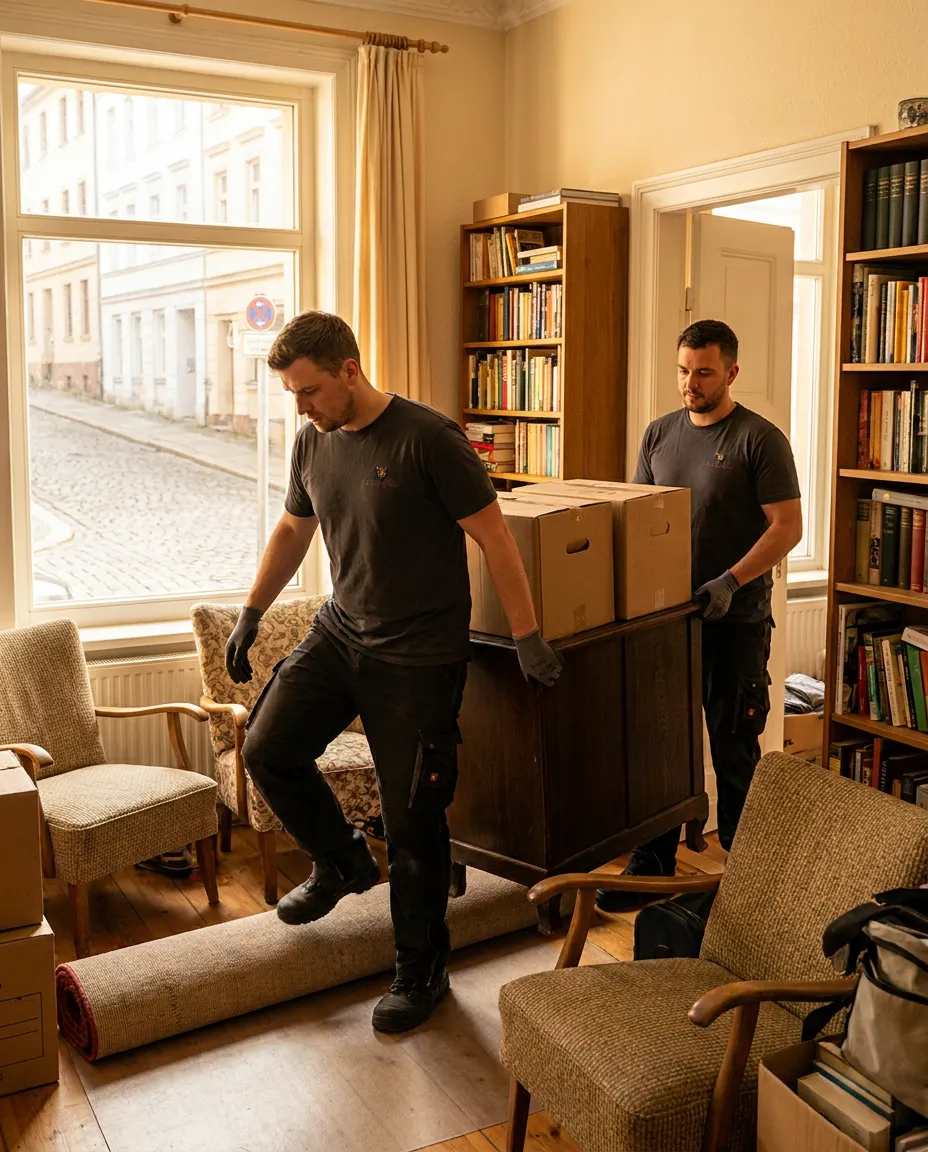 Mitarbeiter tragen eine Kommode mit Kartons aus einem Wohnzimmer